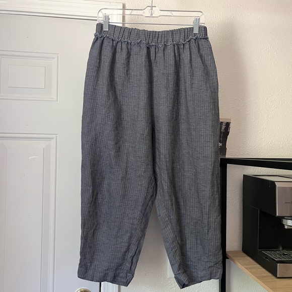 claude Pants - CLAUDE tulum grey pin stripe linen wide tapered balloon barrel cropped pants